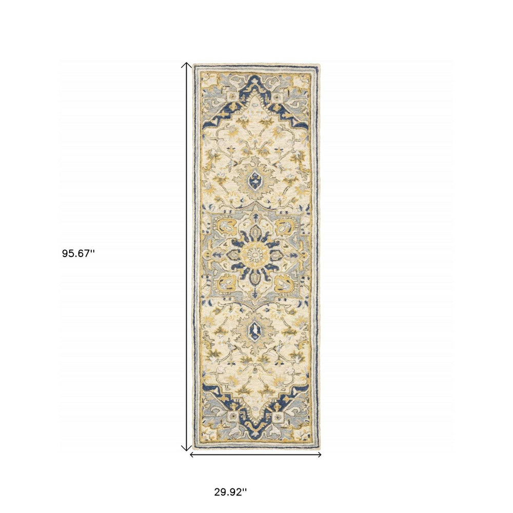3' X 8' Blue And Ivory Bohemian Runner Rug - Homeroots - Flyclothing LLC