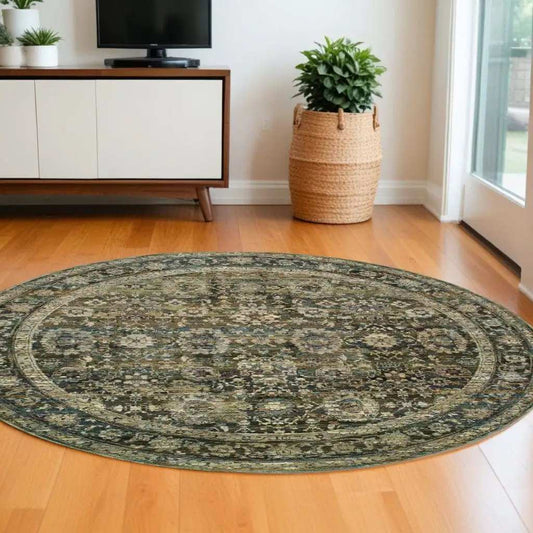 7' Round Green And Brown Floral Area Rug - Homeroots - Flyclothing LLC
