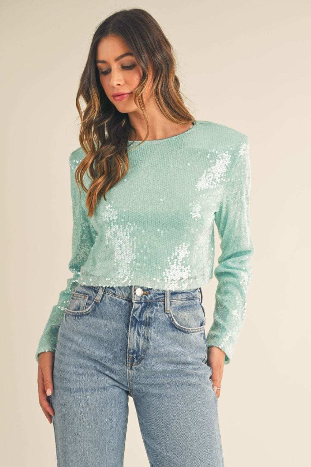 MABLE Shoulder Padded Sequin Crop Top - Trendsi - Flyclothing LLC