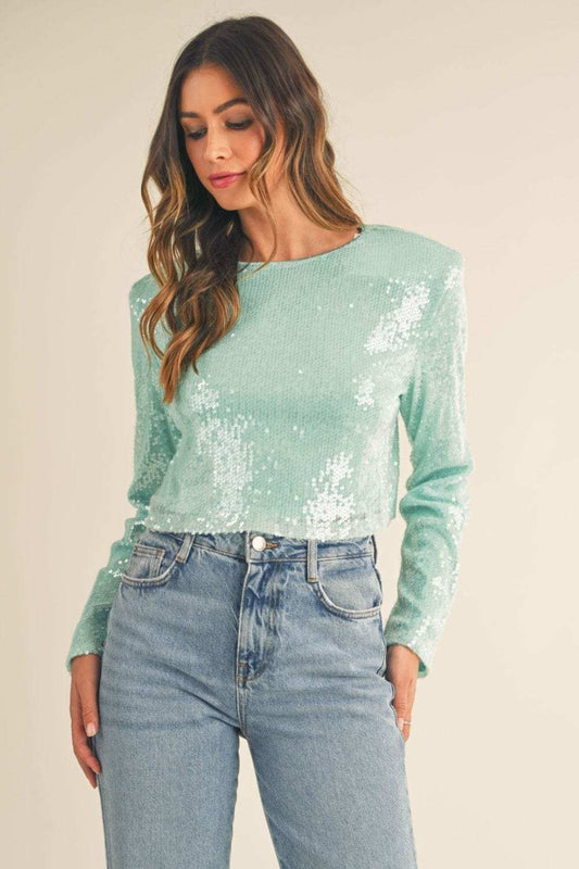 MABLE Shoulder Padded Sequin Crop Top - Trendsi - Flyclothing LLC
