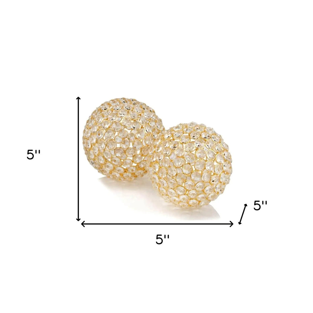 Set Of Two 5" Gold And Faux Crystal Bling Spheres - Homeroots