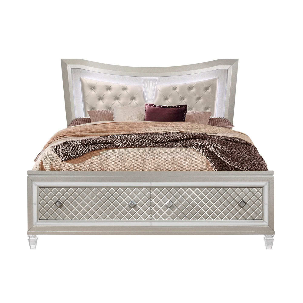 Champagne Tone Queen Bed With Padded Headboard Led Lightning 2 Drawer - Homeroots - Flyclothing LLC