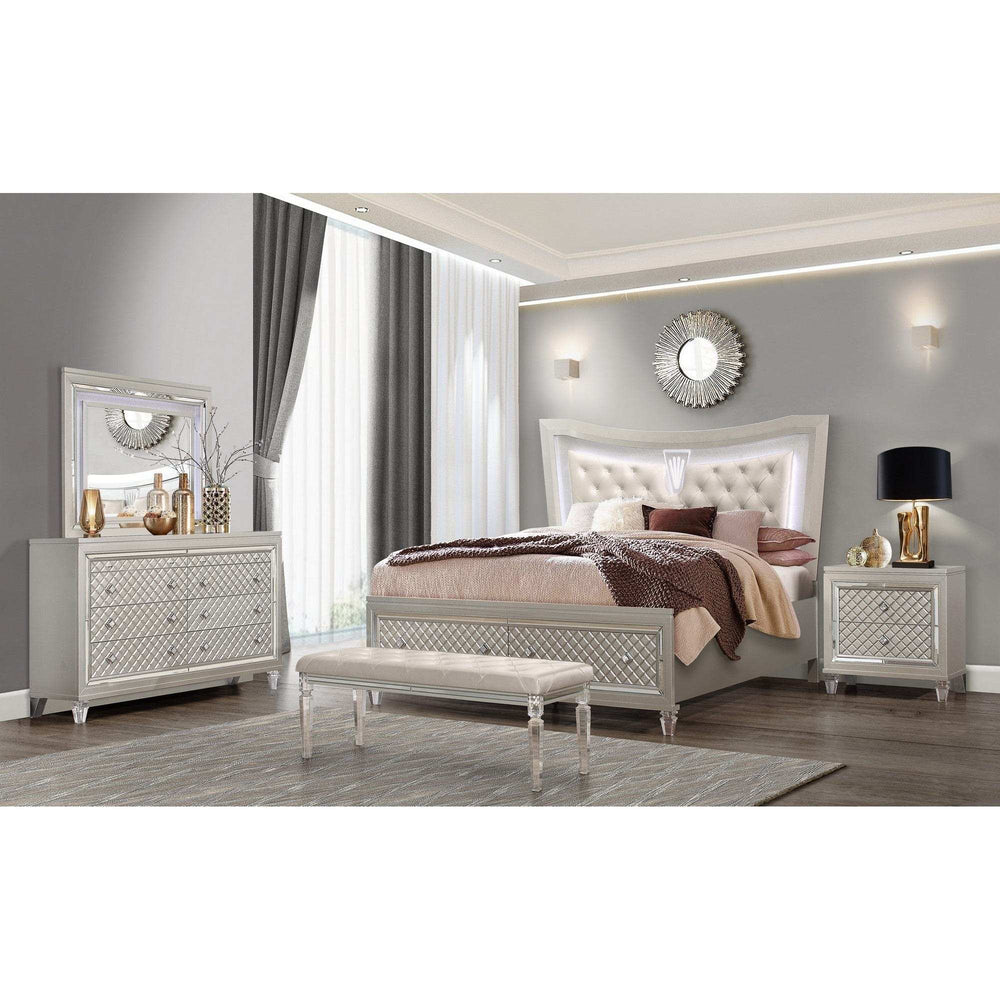 Champagne Tone Queen Bed With Padded Headboard Led Lightning 2 Drawer - Homeroots - Flyclothing LLC