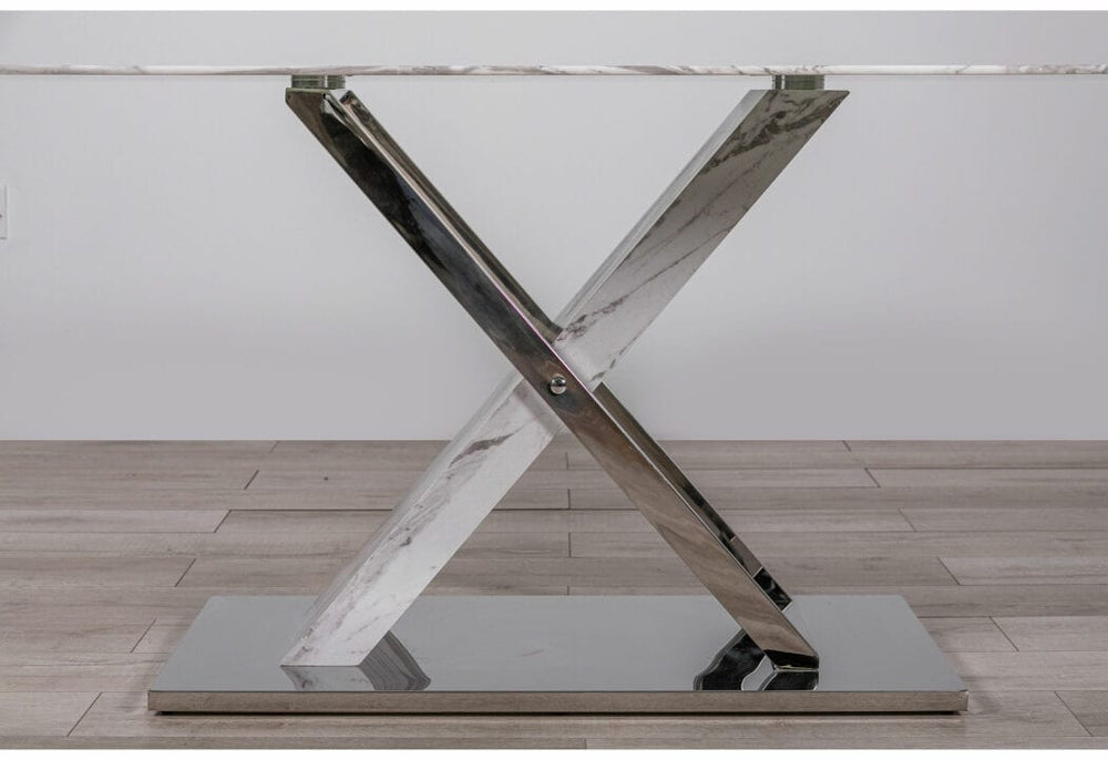 71" Gray and White And Silver Marble And Stainless Steel Pedestal Base Dining Table - Homeroots - Flyclothing LLC