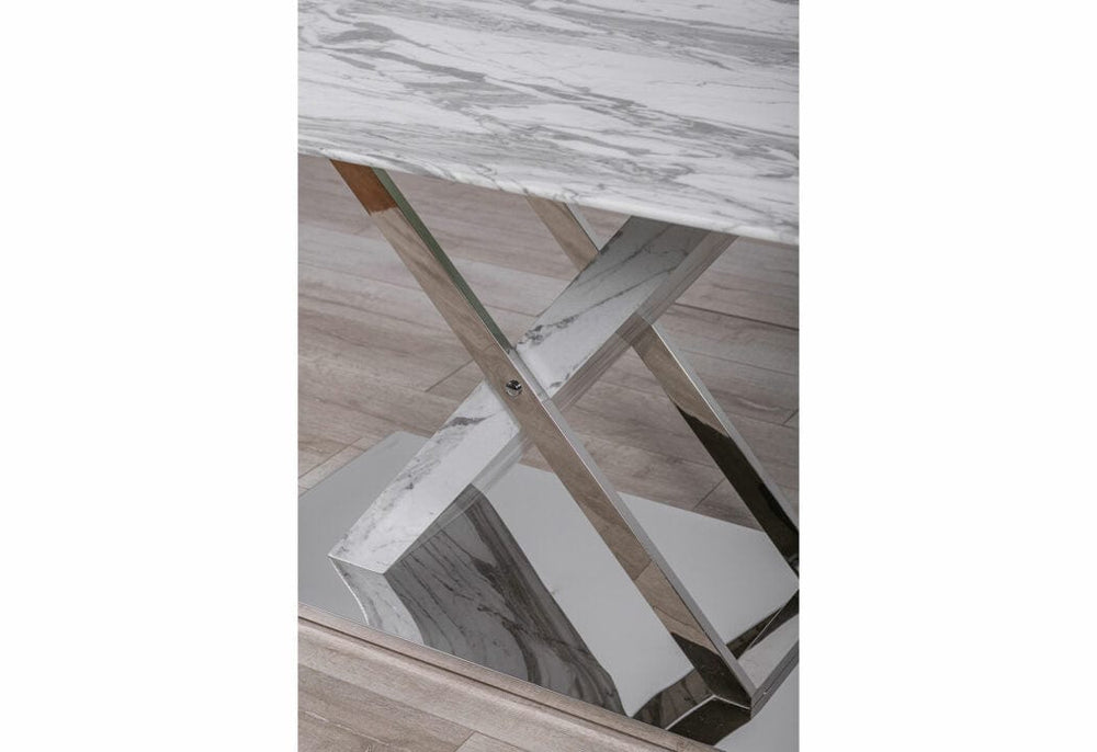 71" Gray and White And Silver Marble And Stainless Steel Pedestal Base Dining Table - Homeroots - Flyclothing LLC