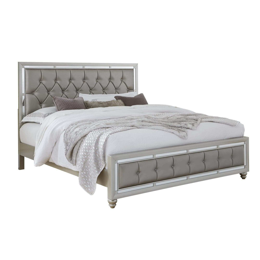 Silver Champagne Tone King Bed Padded Headboard Padded Footboard Mirror Trim Accents - Homeroots - Flyclothing LLC
