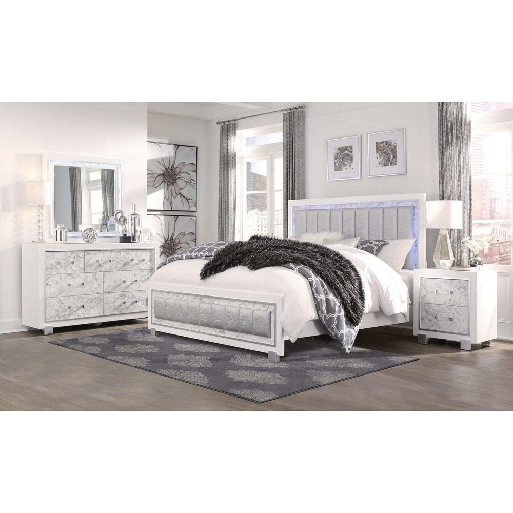 Modern Luxurious White Queen Bed With Padded Headboard Led Lightning - Homeroots - Flyclothing LLC