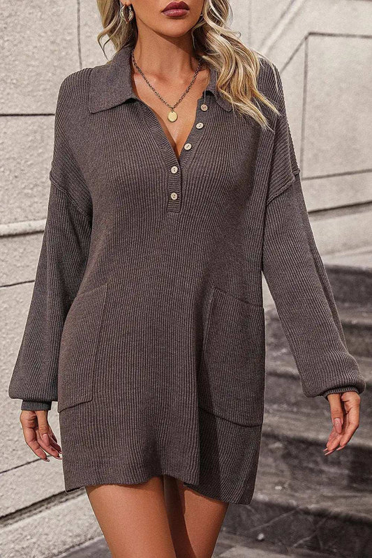 Collared Neck Long Sleeve Sweater Dress with Pockets - Trendsi - Flyclothing LLC