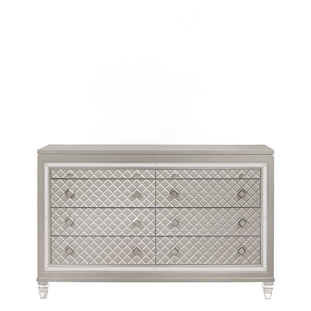 Champagne Toned Dresser With Tapered Acrylic Legs And 2 Jewelry Drawers - Homeroots - Flyclothing LLC