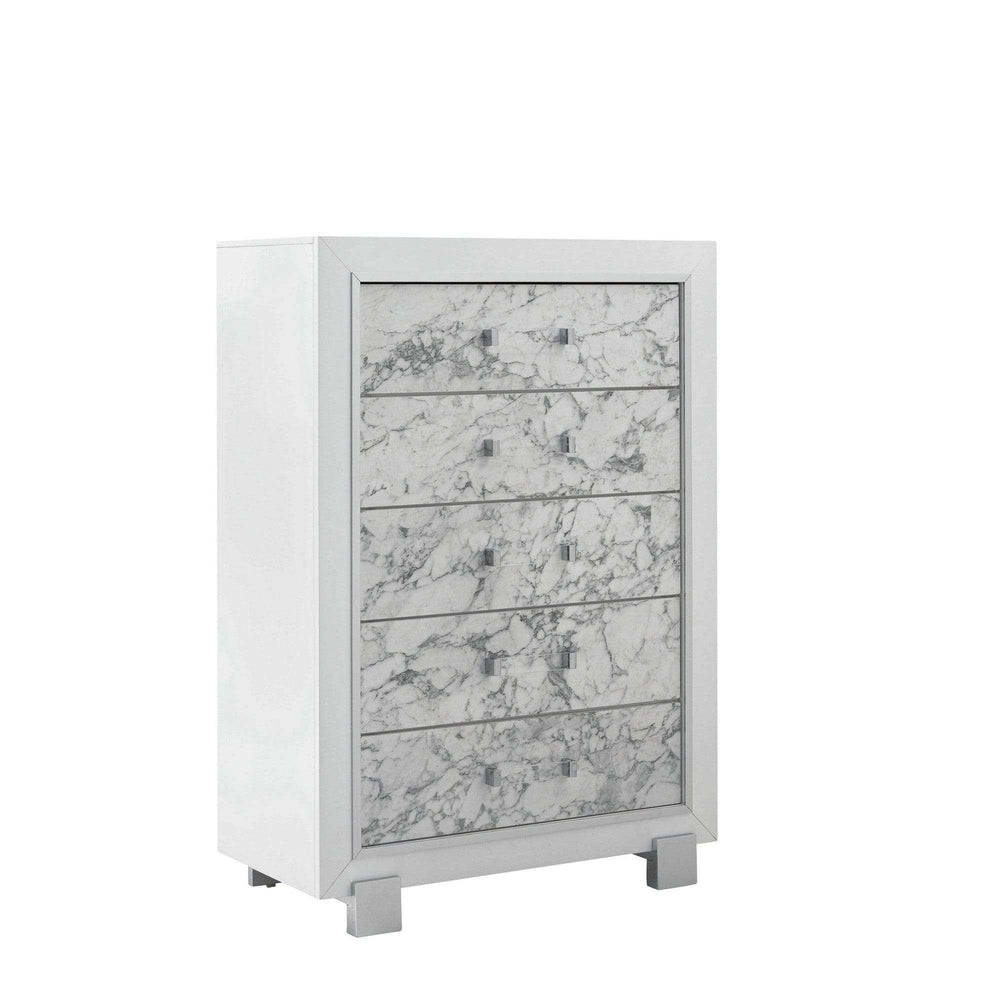 Modern White Chest With 5 Faux Marble Detailed Front Drawer. - Homeroots - Flyclothing LLC