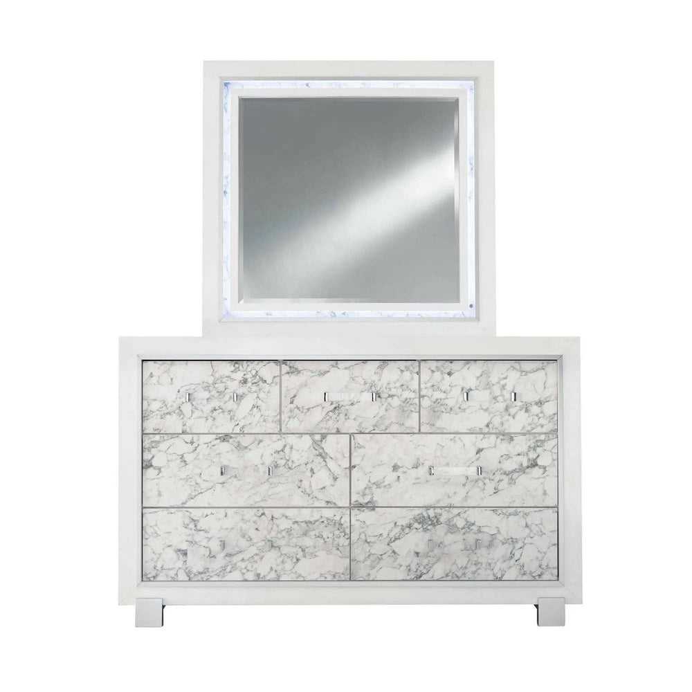 Modern White Mirror With Faux Marble Border Detail Led Lightning - Homeroots - Flyclothing LLC