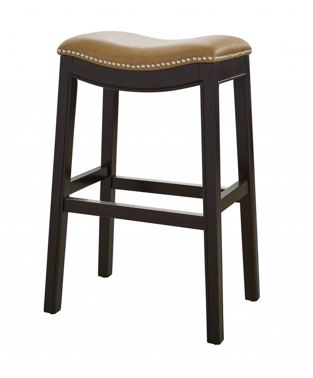31" Tan And Espresso Faux Leather And Solid Wood Backless Counter Height Bar Chair - Homeroots - Flyclothing LLC