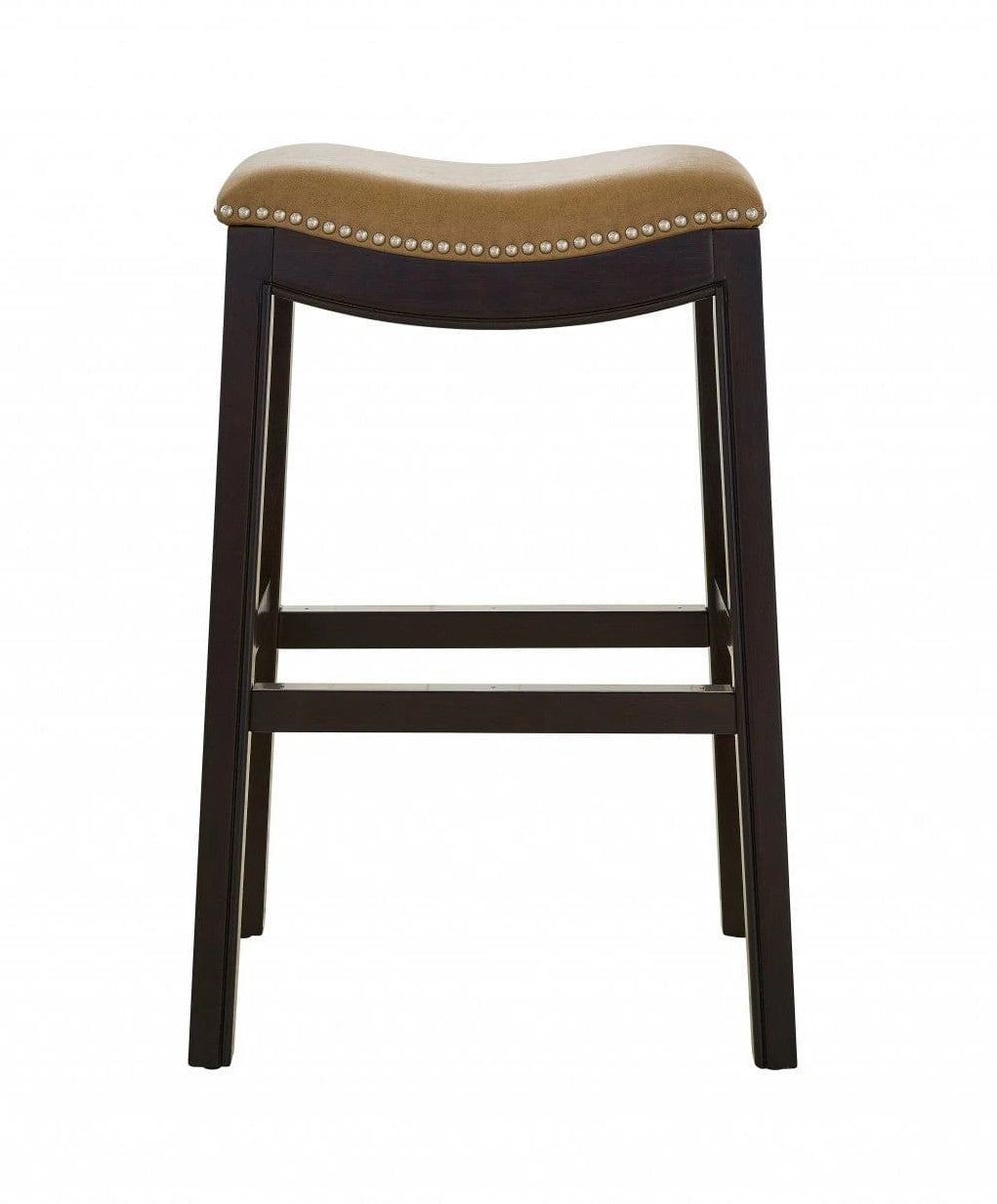 31" Tan And Espresso Faux Leather And Solid Wood Backless Counter Height Bar Chair - Homeroots - Flyclothing LLC