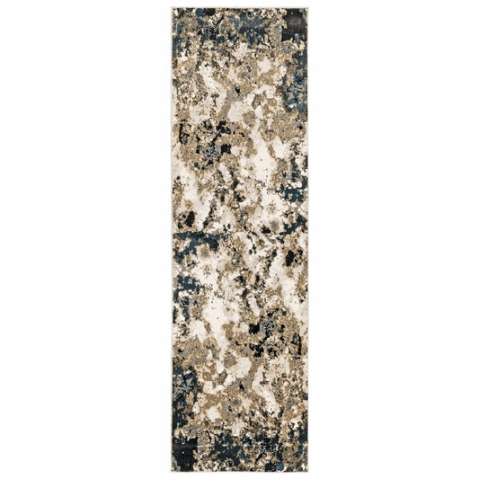 2' X 8' Ivory Navy Abstract Marble Indoor Runner Rug - Homeroots - Flyclothing LLC