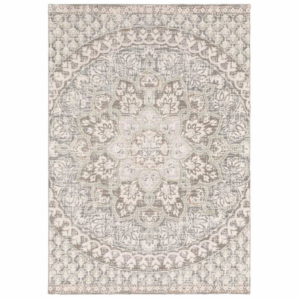 9' X 12' Ivory Grey Distresed Oversize Medallion Indoor Area Rug - Homeroots - Flyclothing LLC