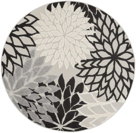 4' Round Black And White Round Floral Indoor Outdoor Area Rug - Homeroots - Flyclothing LLC