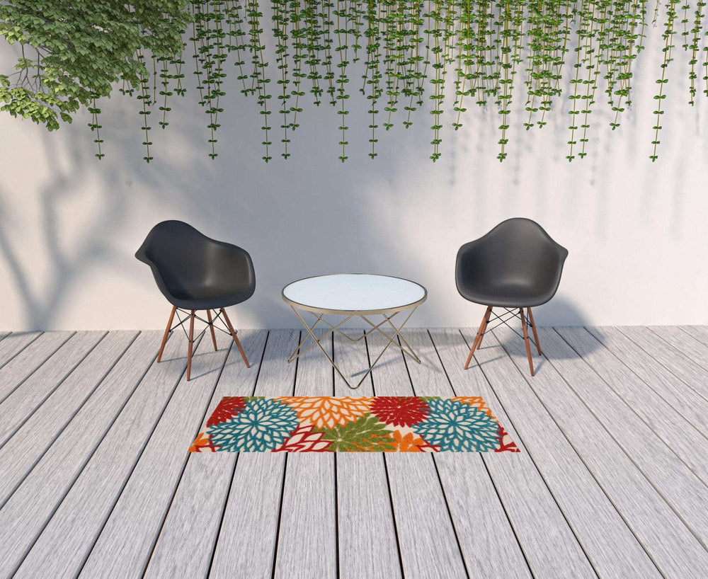 6' Runner Ivory Blue and Orange Floral Indoor Outdoor Area Rug - Homeroots - Flyclothing LLC
