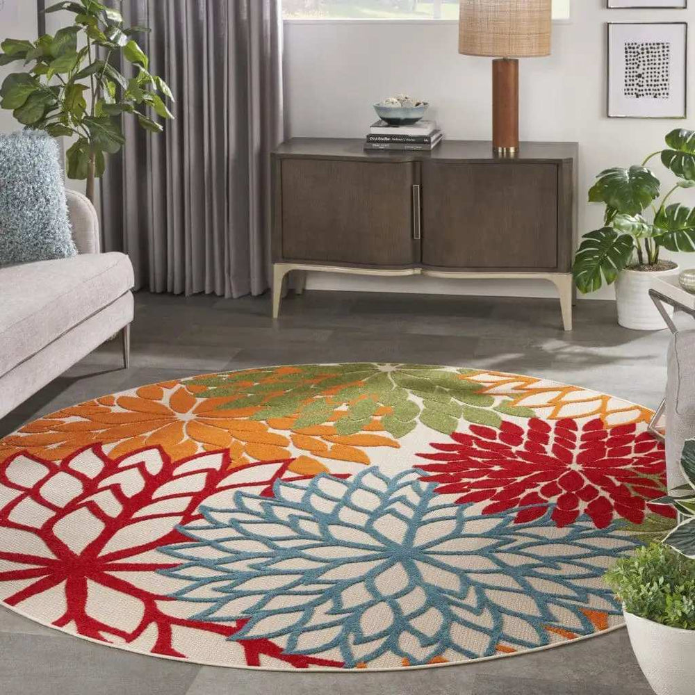 8' Round Green And Ivory Round Floral Indoor Outdoor Area Rug - Homeroots - Flyclothing LLC