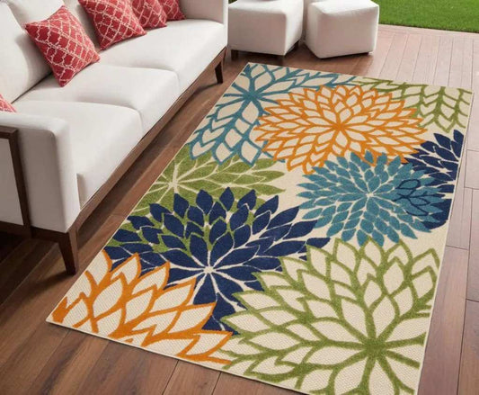 4' X 6' Ivory And Blue Floral Indoor Outdoor Area Rug - Homeroots - Flyclothing LLC