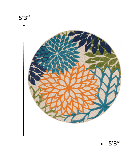 5' Round Ivory And Blue Round Floral Indoor Outdoor Area Rug - Homeroots - Flyclothing LLC