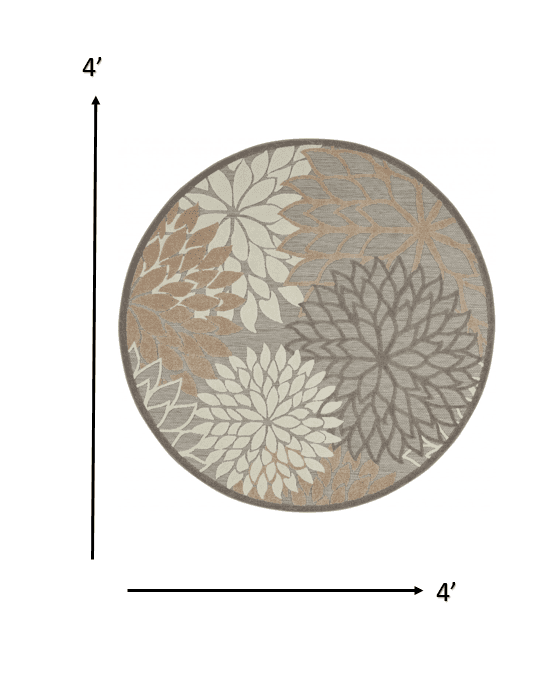 4' Round Gray And Ivory Round Floral Indoor Outdoor Area Rug - Homeroots - Flyclothing LLC