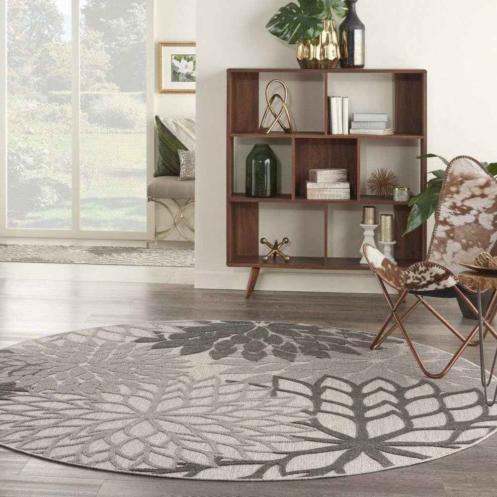 8' Round Gray Round Floral Indoor Outdoor Area Rug - Homeroots - Flyclothing LLC