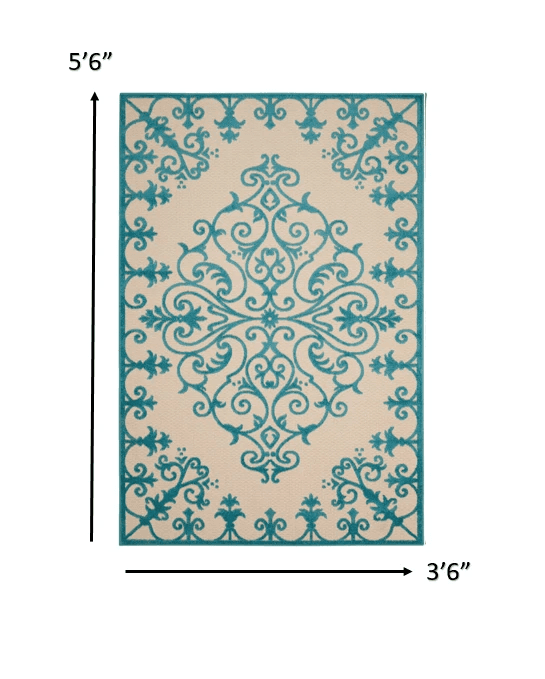 4' X 6' Aqua Damask Indoor Outdoor Area Rug - Homeroots - Flyclothing LLC