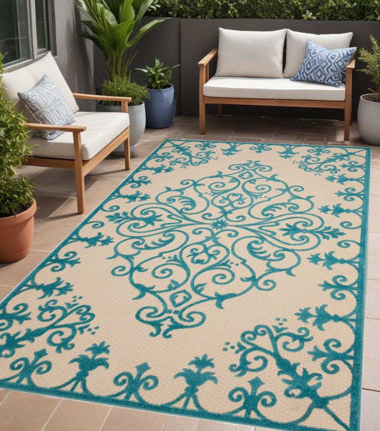 4' X 6' Aqua Damask Indoor Outdoor Area Rug - Homeroots - Flyclothing LLC