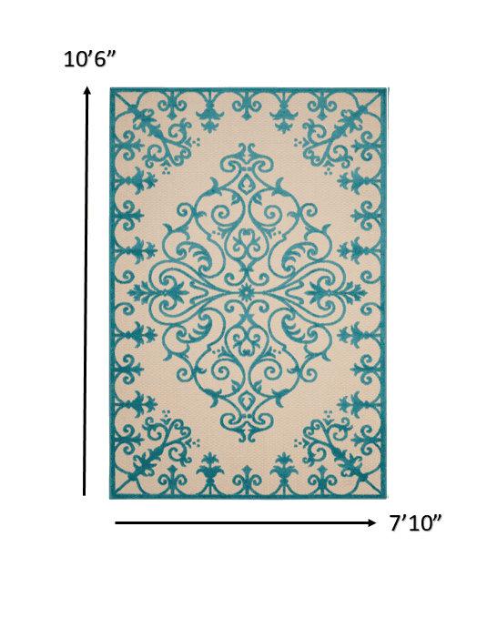 8' X 11' Aqua Damask Indoor Outdoor Area Rug - Homeroots - Flyclothing LLC