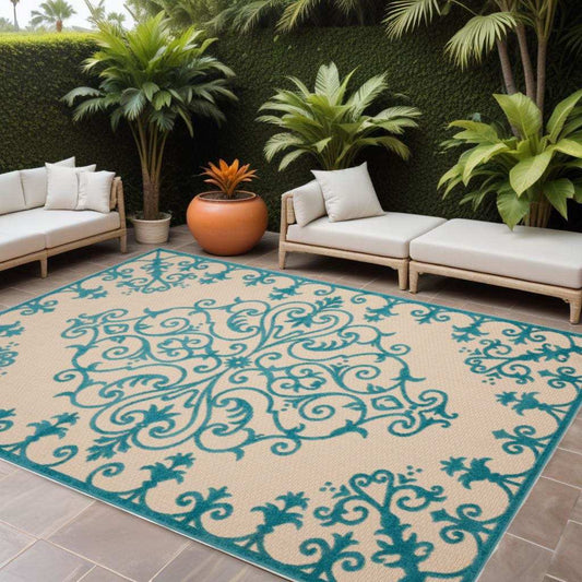 8' X 11' Aqua Damask Indoor Outdoor Area Rug - Homeroots - Flyclothing LLC