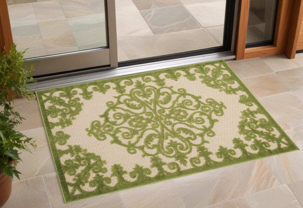 3' X 4' Green Damask Indoor Outdoor Area Rug - Homeroots - Flyclothing LLC