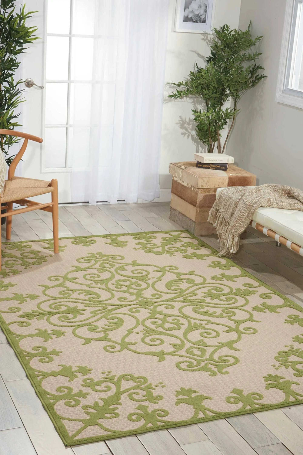 4' X 6' Green Damask Indoor Outdoor Area Rug - Homeroots - Flyclothing LLC