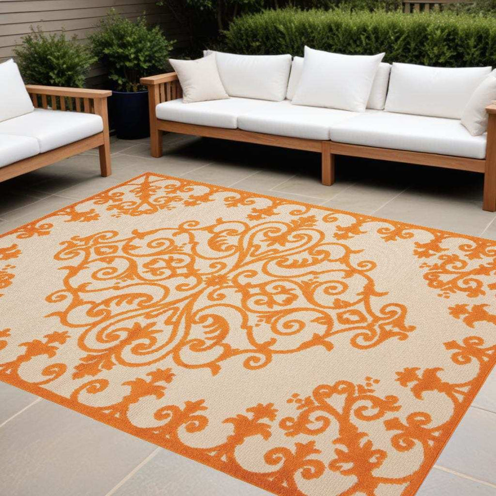 8' X 11' Orange And Ivory Damask Indoor Outdoor Area Rug - Homeroots - Flyclothing LLC