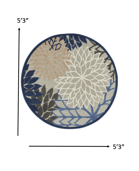 5' Round Blue And Gray Round Floral Indoor Outdoor Area Rug - Homeroots - Flyclothing LLC