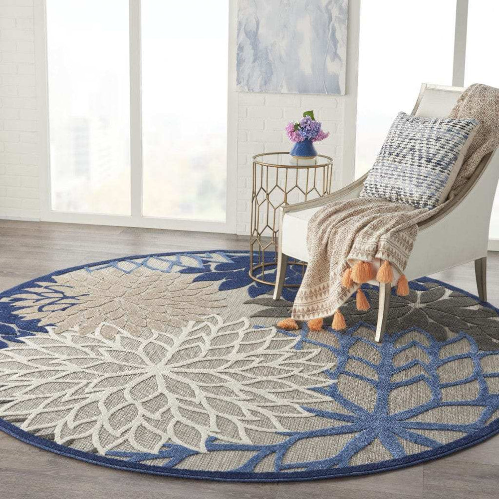 8' Round Blue And Gray Round Floral Indoor Outdoor Area Rug - Homeroots - Flyclothing LLC