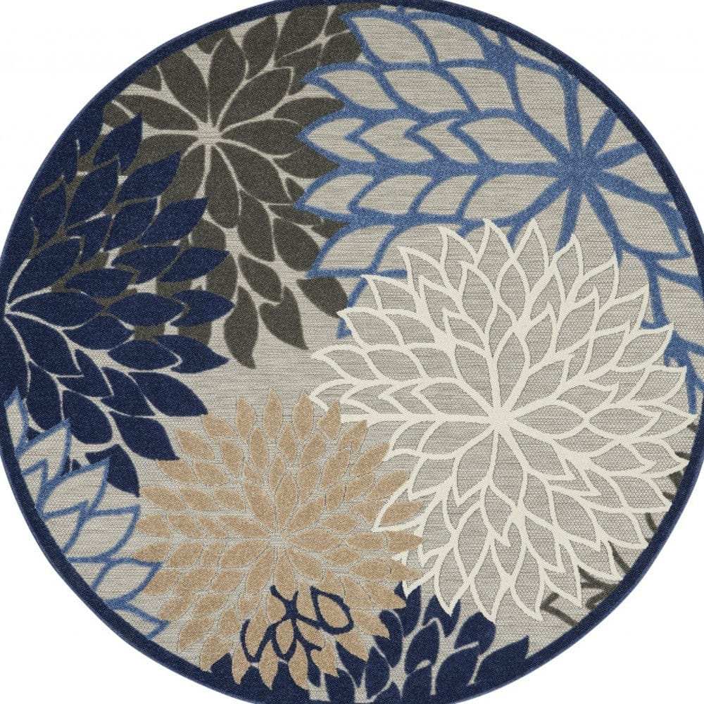 8' Round Blue And Gray Round Floral Indoor Outdoor Area Rug - Homeroots - Flyclothing LLC