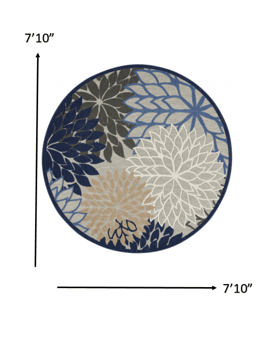 8' Round Blue And Gray Round Floral Indoor Outdoor Area Rug - Homeroots - Flyclothing LLC