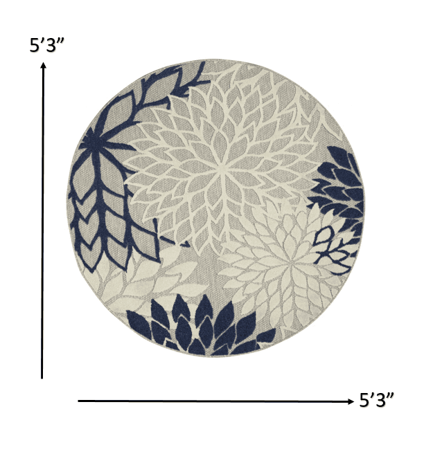 5' Round Ivory And Blue Round Floral Indoor Outdoor Area Rug - Homeroots - Flyclothing LLC