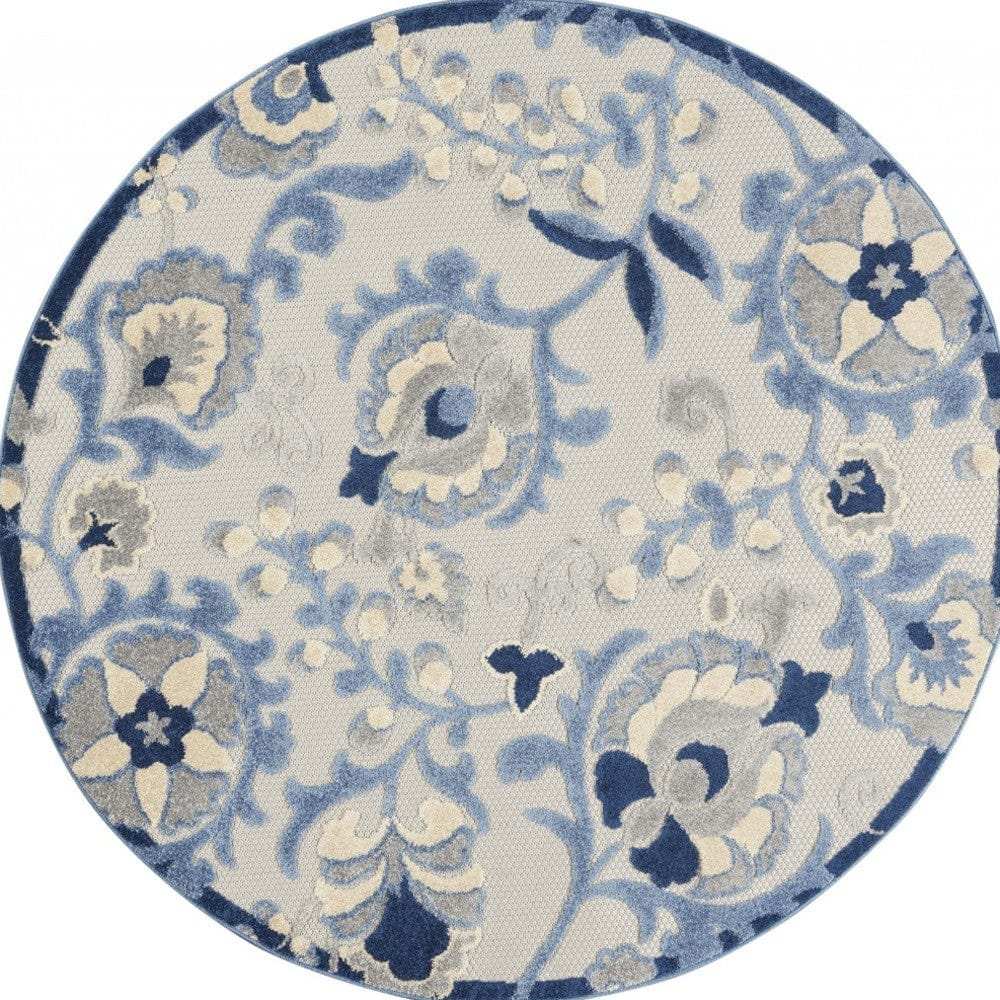 4' Round Blue And Gray Round Floral Indoor Outdoor Area Rug - Homeroots - Flyclothing LLC