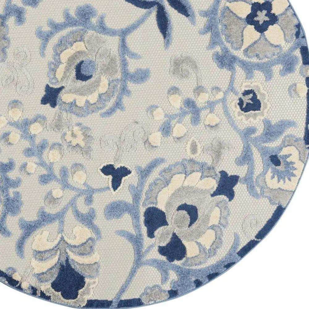 5' Round Blue And Gray Round Floral Indoor Outdoor Area Rug - Homeroots - Flyclothing LLC