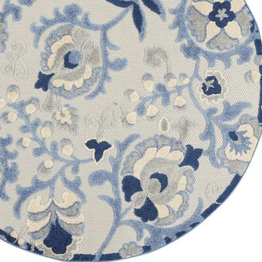 5' Round Blue And Gray Round Floral Indoor Outdoor Area Rug - Homeroots - Flyclothing LLC