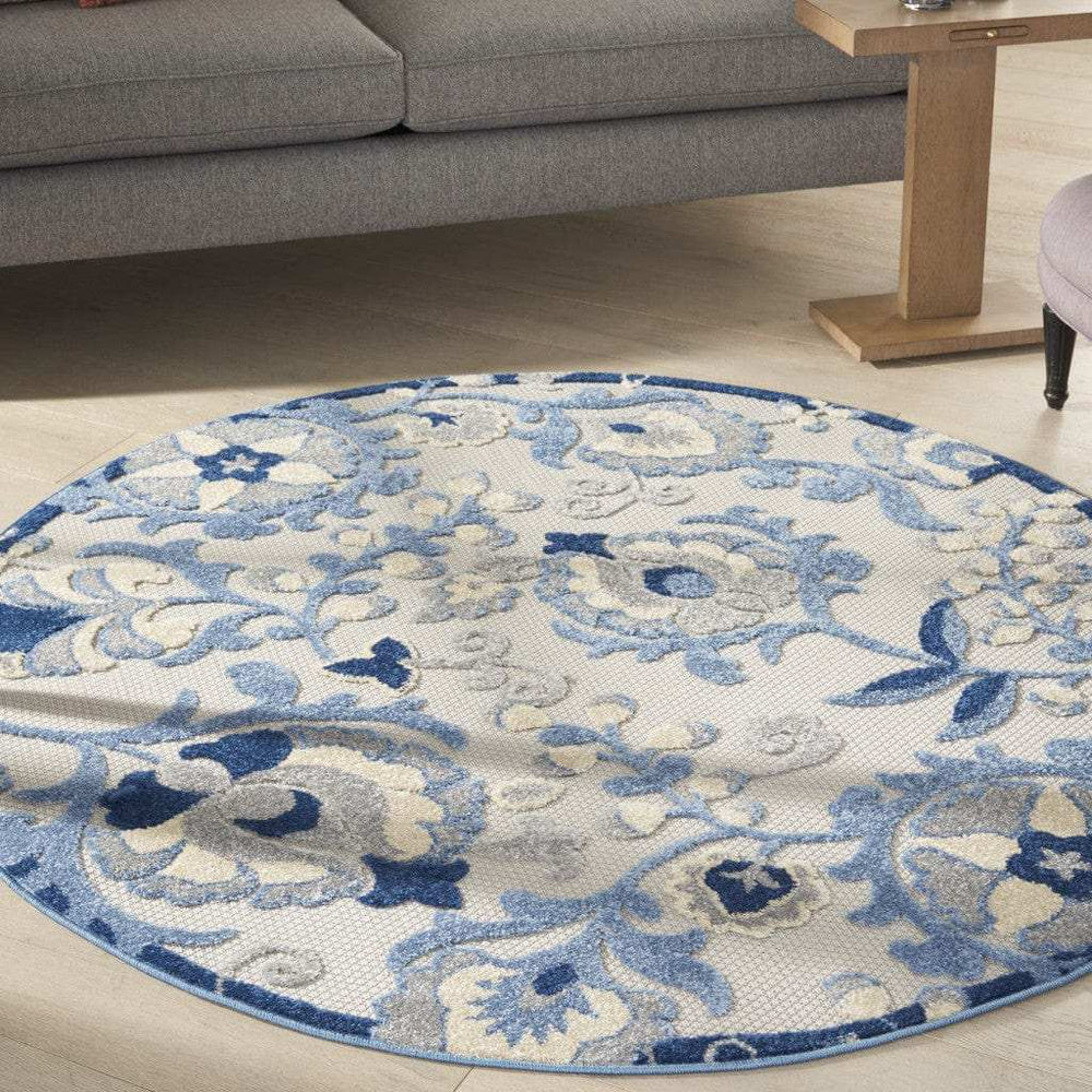 5' Round Blue And Gray Round Floral Indoor Outdoor Area Rug - Homeroots - Flyclothing LLC