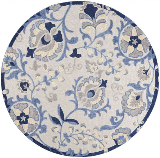 8' Round Blue And Gray Round Floral Indoor Outdoor Area Rug - Homeroots - Flyclothing LLC