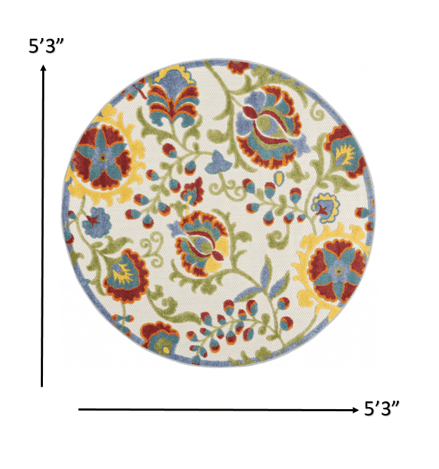 5' Round Green And Ivory Round Floral Indoor Outdoor Area Rug - Homeroots - Flyclothing LLC