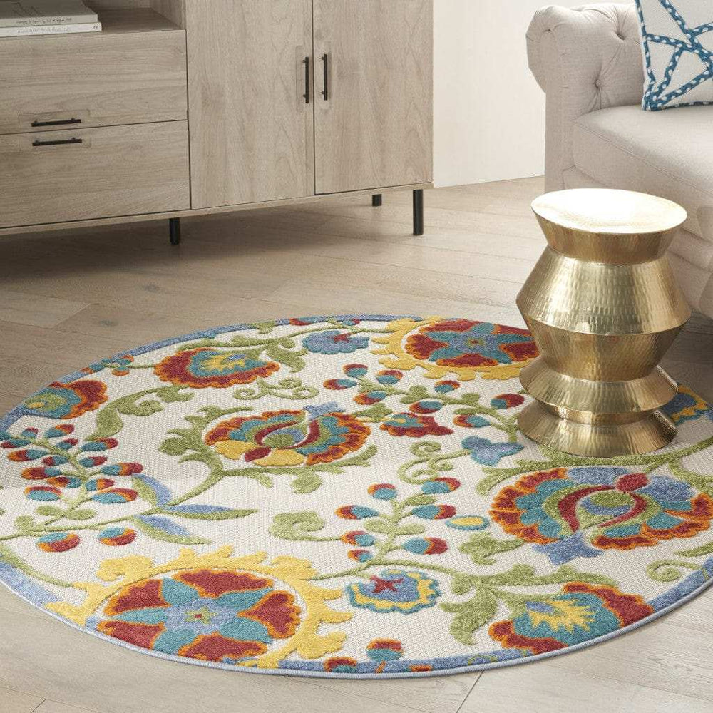 5' Round Green And Ivory Round Floral Indoor Outdoor Area Rug - Homeroots - Flyclothing LLC