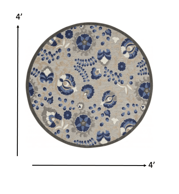 4' Round Blue And Gray Round Floral Indoor Outdoor Area Rug - Homeroots - Flyclothing LLC