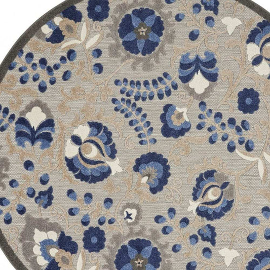5' Round Blue And Gray Round Floral Indoor Outdoor Area Rug - Homeroots - Flyclothing LLC