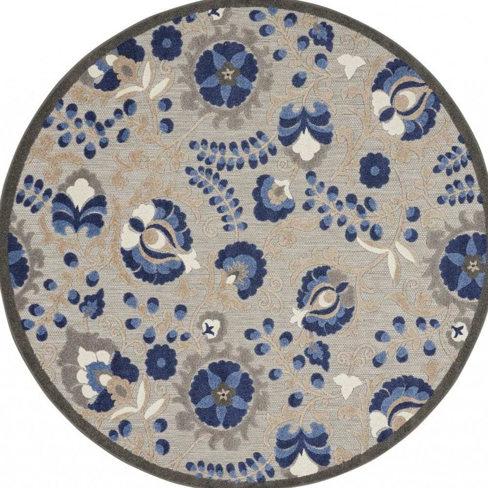 8' Round Blue And Gray Round Floral Indoor Outdoor Area Rug - Homeroots - Flyclothing LLC