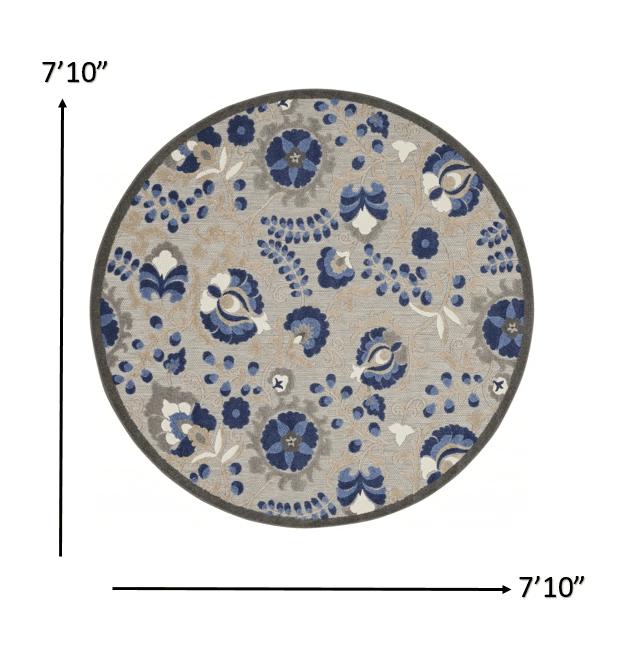 8' Round Blue And Gray Round Floral Indoor Outdoor Area Rug - Homeroots - Flyclothing LLC