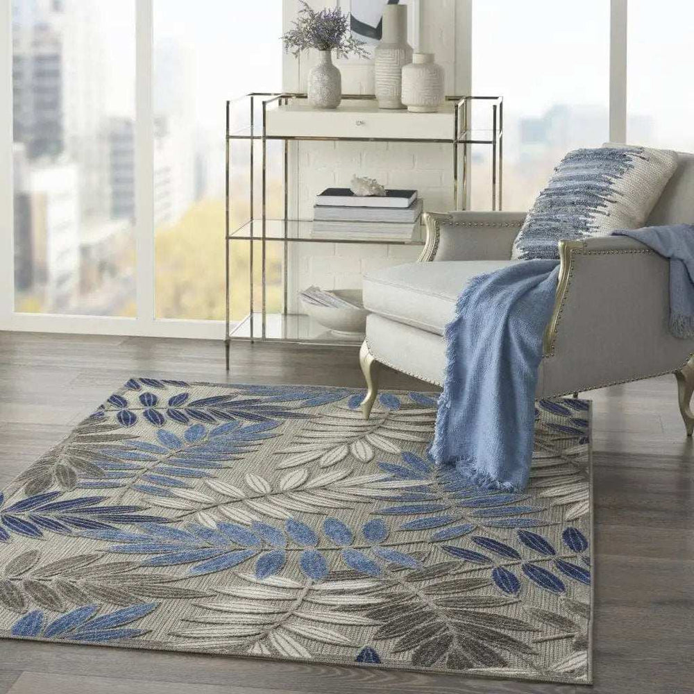 4' X 6' Grey/Blue Floral Indoor Outdoor Area Rug - Homeroots - Flyclothing LLC